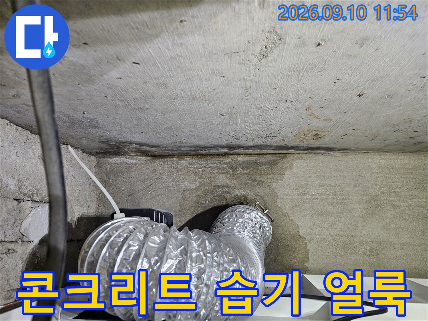 천장 콘크리트 면에-발생한 젖은 자국과 은색 배관 호스