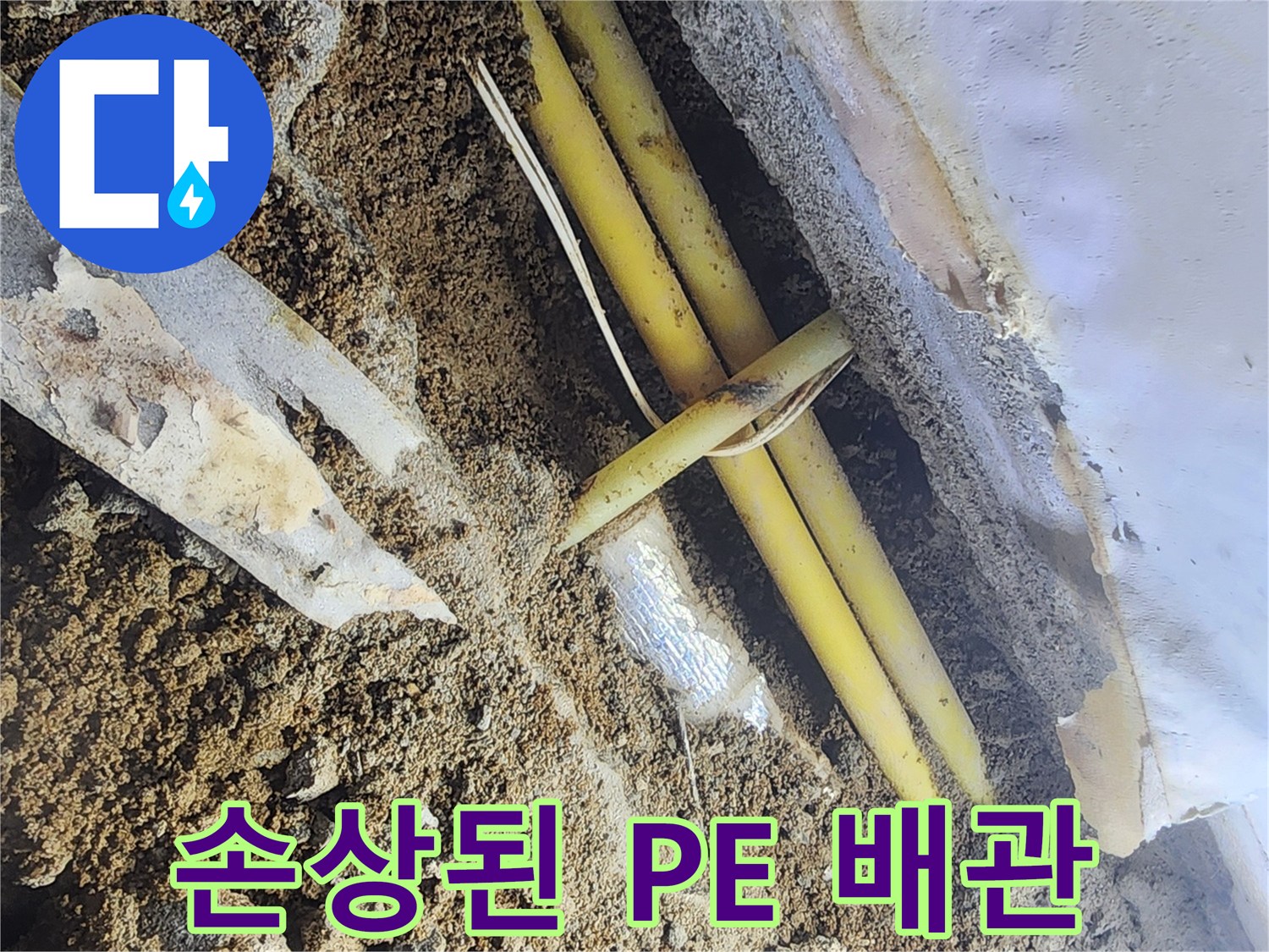 매립된 노란색 배관의 파손 상태를 보여주는 사진
