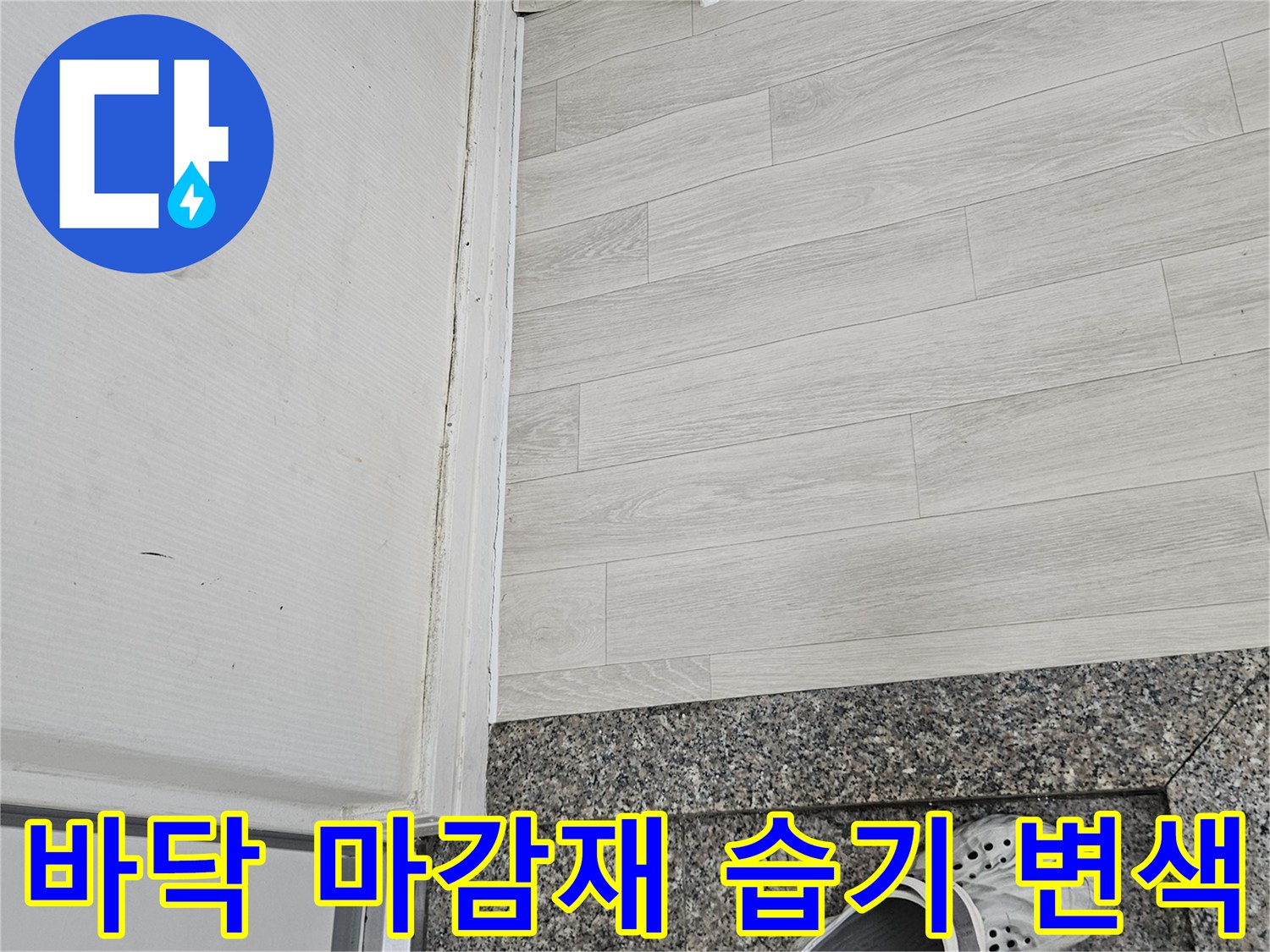 습기로 인해 색이 변한 바닥재와 대리석 경계선