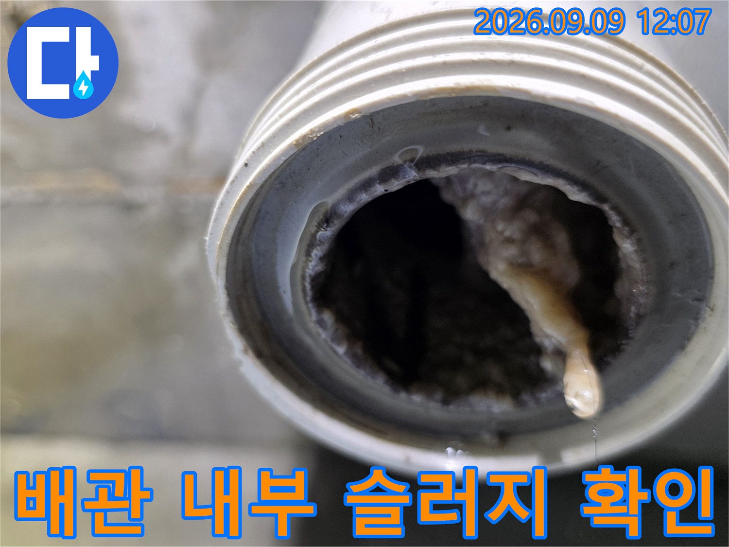 욕실 배관 내부에 가득 찬 이물질과 슬러지 상태를 보여주는 사진입니다.