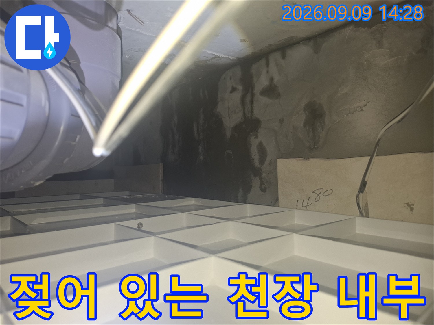 축축하게 젖은 듯한 화장실 천장 마감재와 배관 연결부