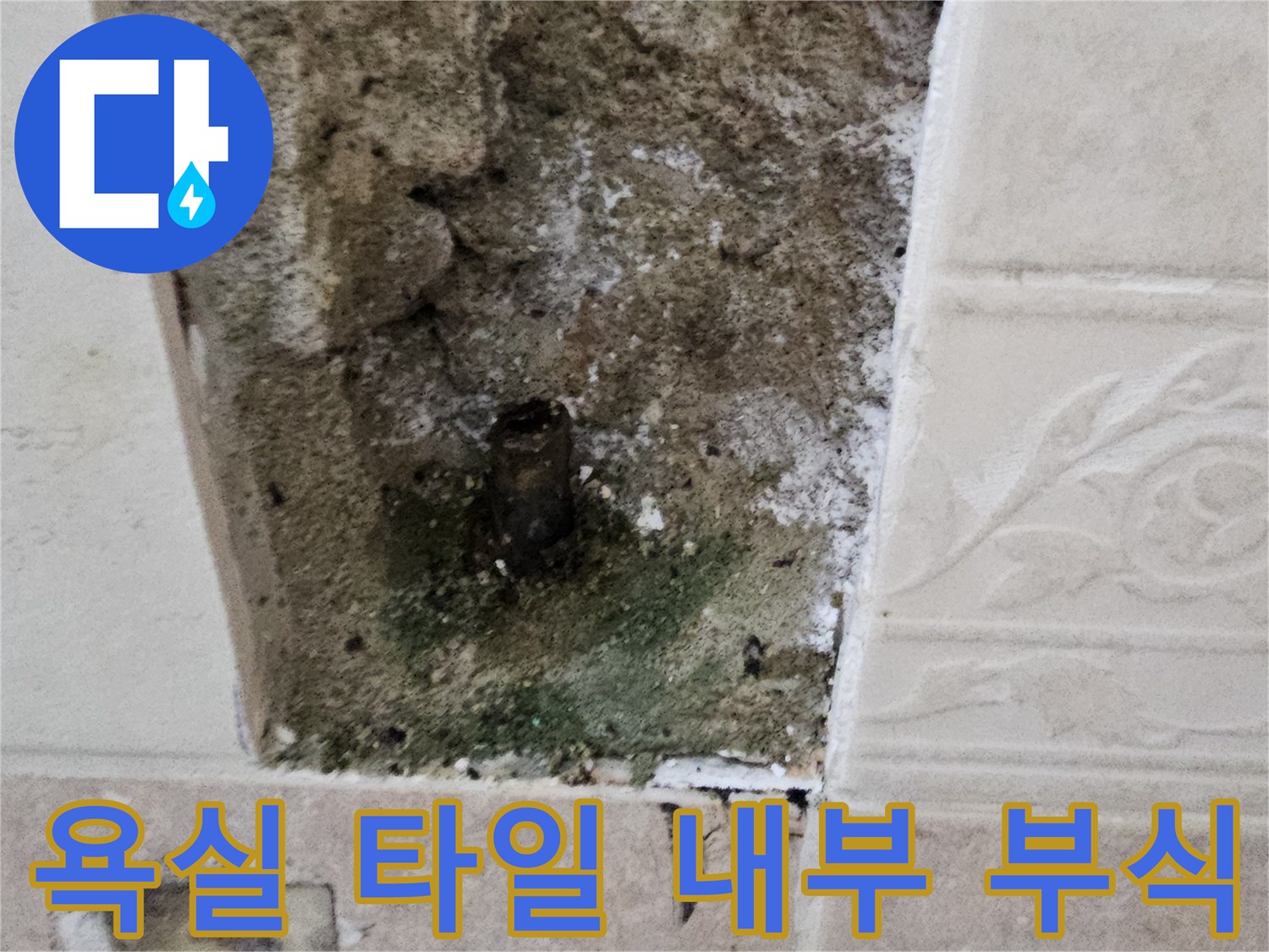 타일 굴착 부위-부식된 배관과 오염된 콘크리트 면