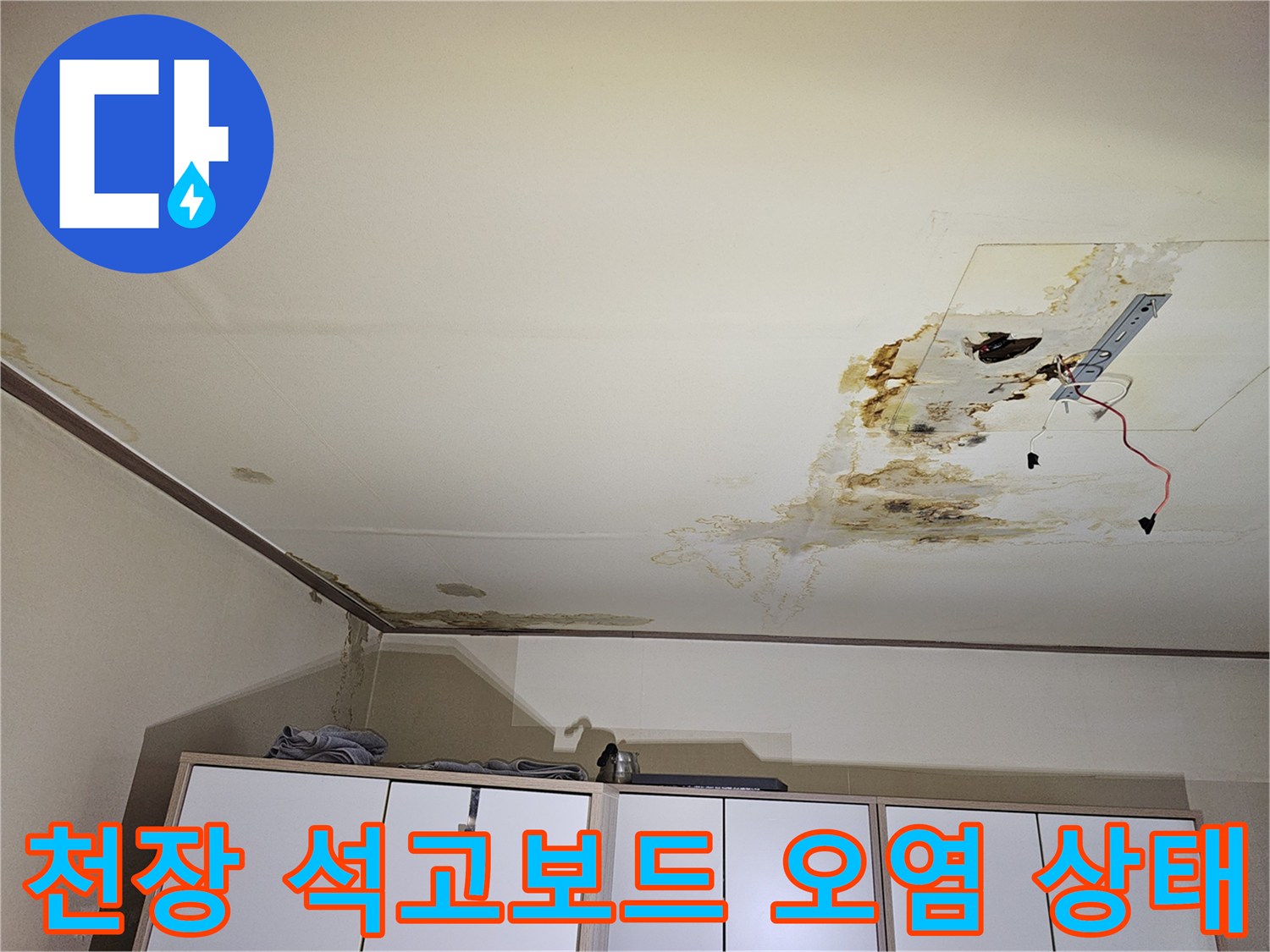 누수로 인해 변색된-천장 석고보드와 전등 주변의 곰팡이 흔적