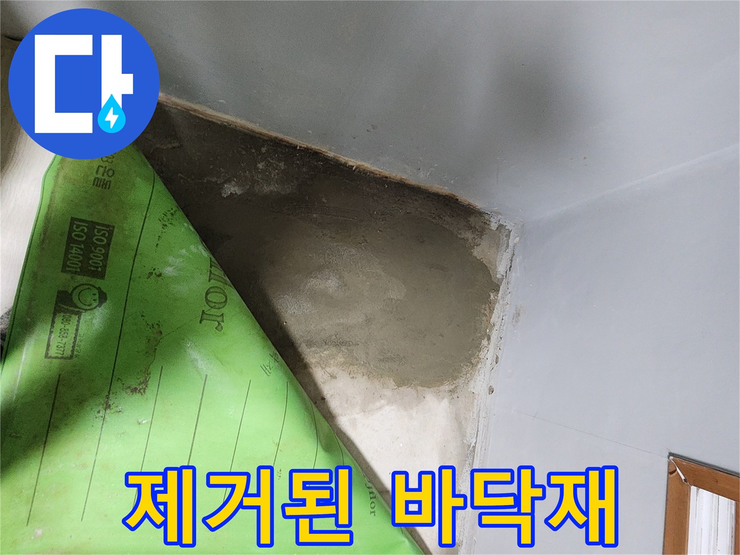 누수 부위 확인을 위해 걷어낸 초록색 비닐과 장판 하부 모습