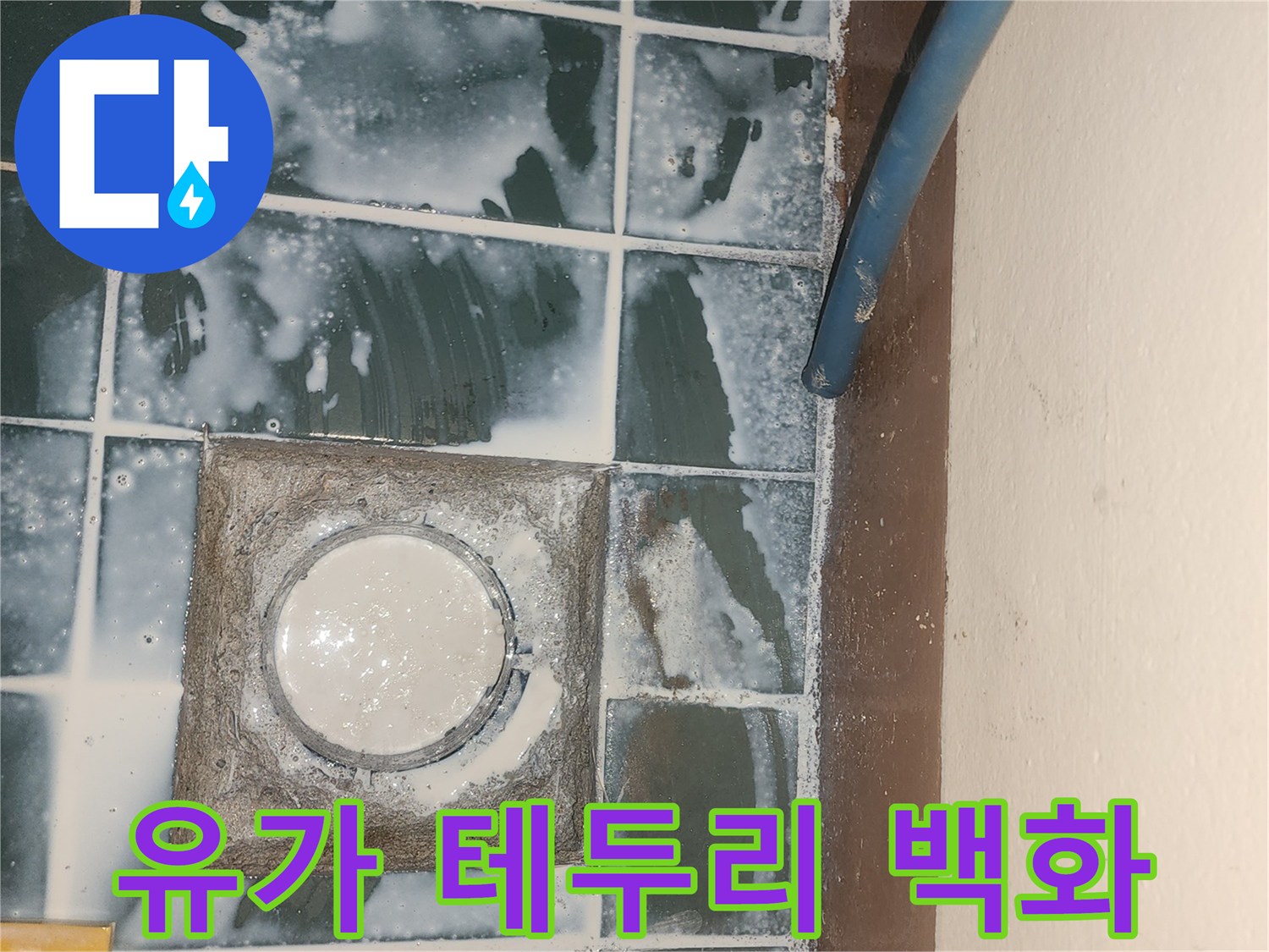 배수구 유가 주변 타일에 발생한 하얀색 백화 현상
