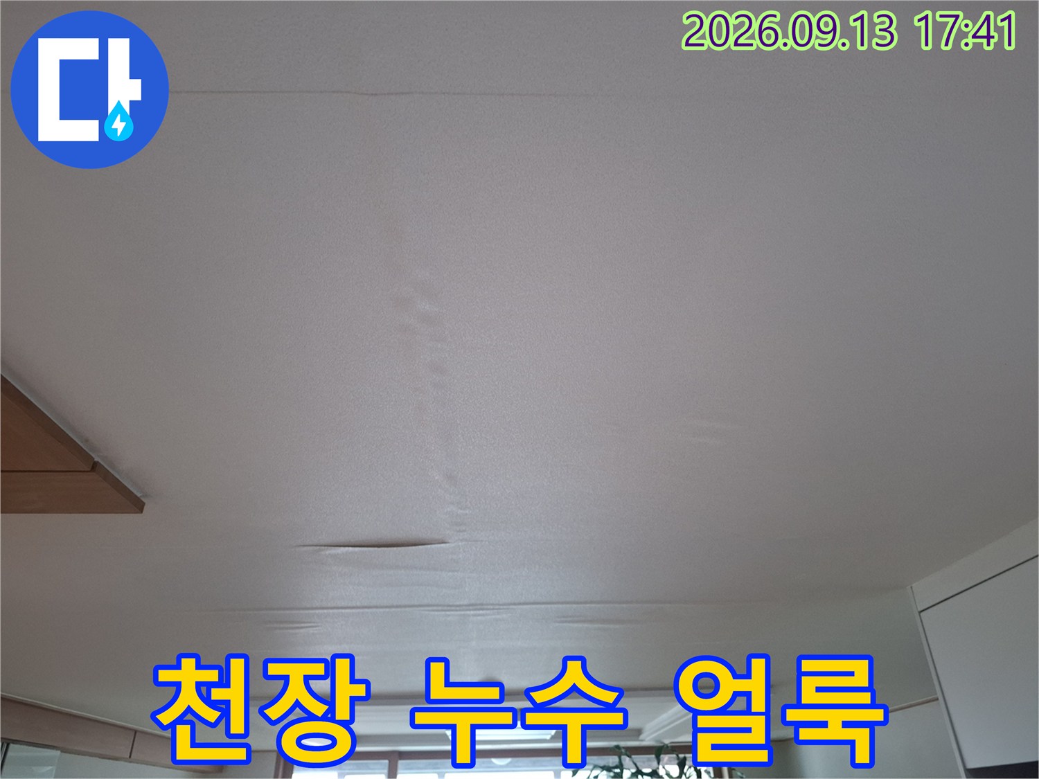 경기 광주 초월읍 아파트 거실 천장의 누수 흔적과 물에 젖은 얼룩 부위