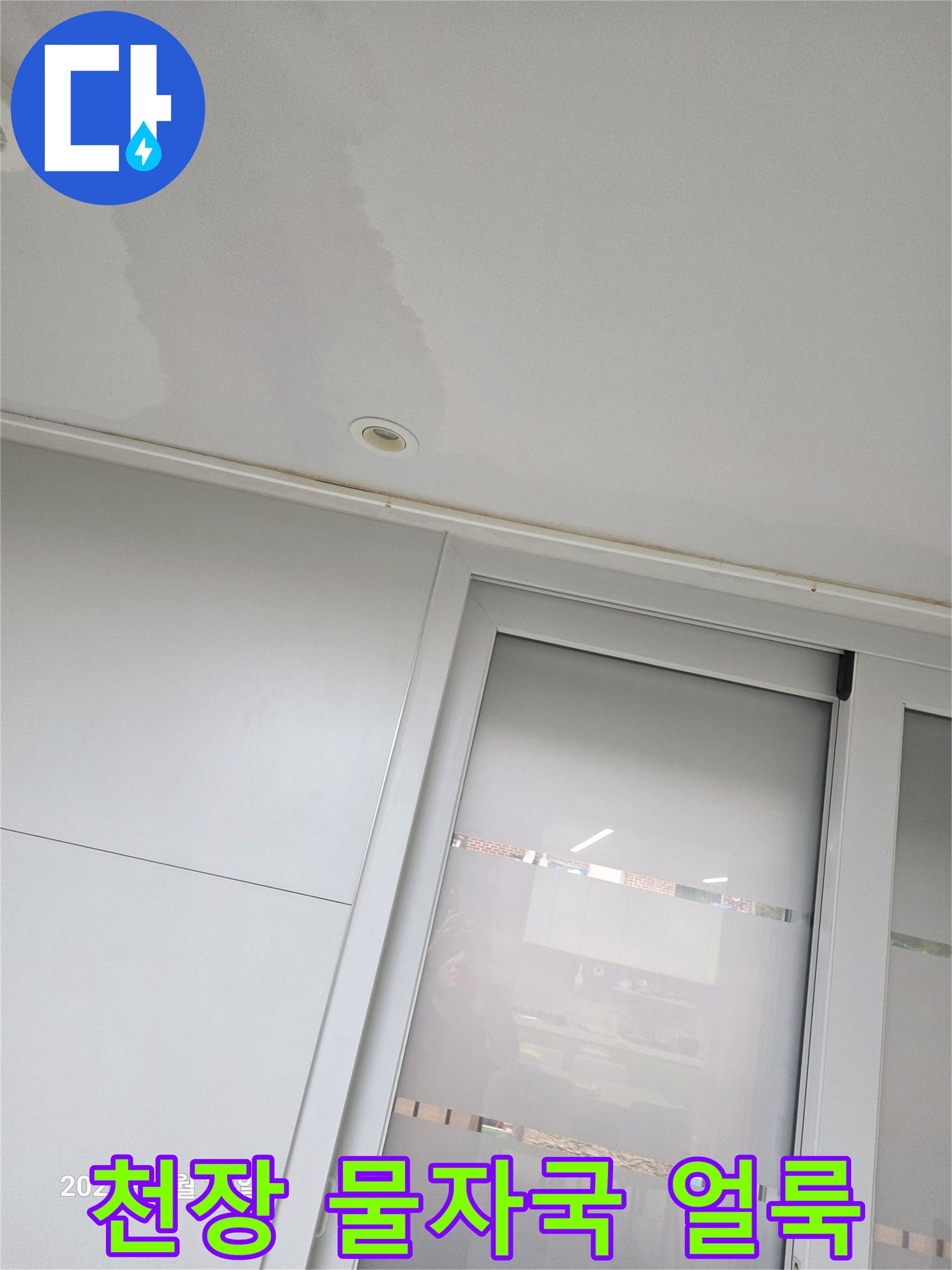 거실 천장 부분에 넓게 번진 누수 흔적과 습기 자국