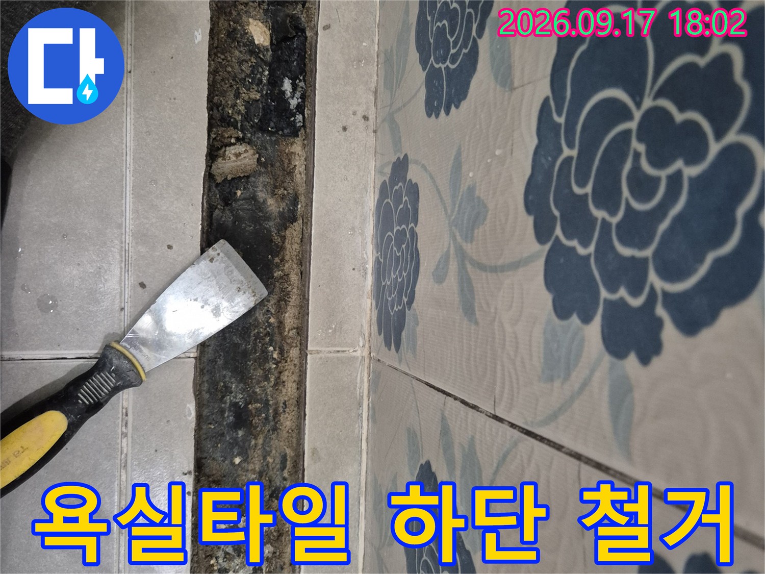 화성시 반송동 현장-욕실 타일 하단부가 뜯겨져 있고 내부가 오염된 모습입니다.