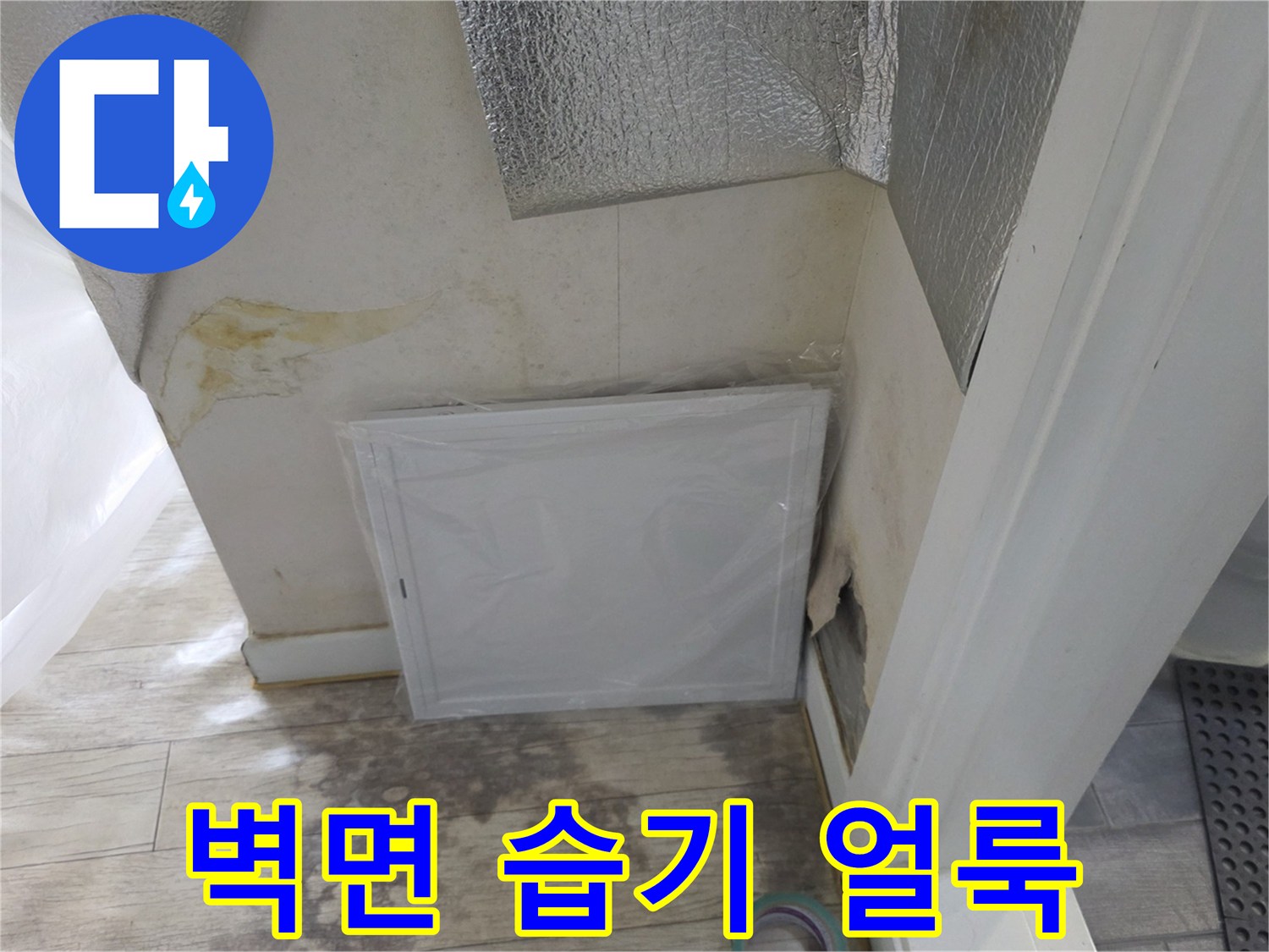 아파트 벽면 하단부에 발생한 물샘 흔적과 습기로 인한 변색 상태